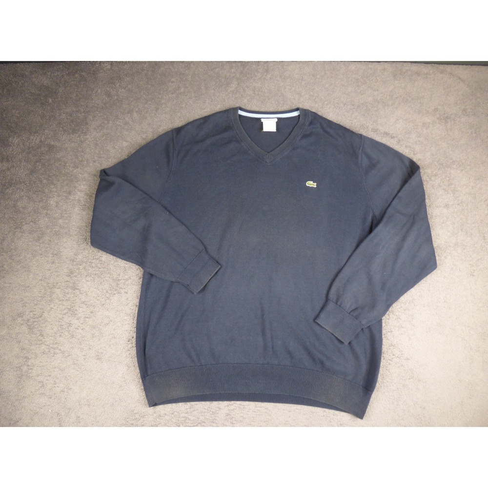 Lacoste Mens Navy Blue V-Neck Sweater Size 6 Crocodile Logo Knit Pullover